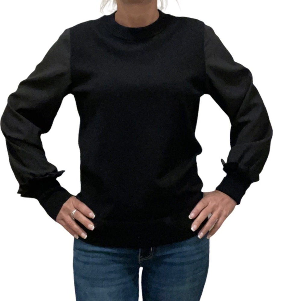 DKNY Black Sweater with Semi-Sheer Sleeve & Ruffle